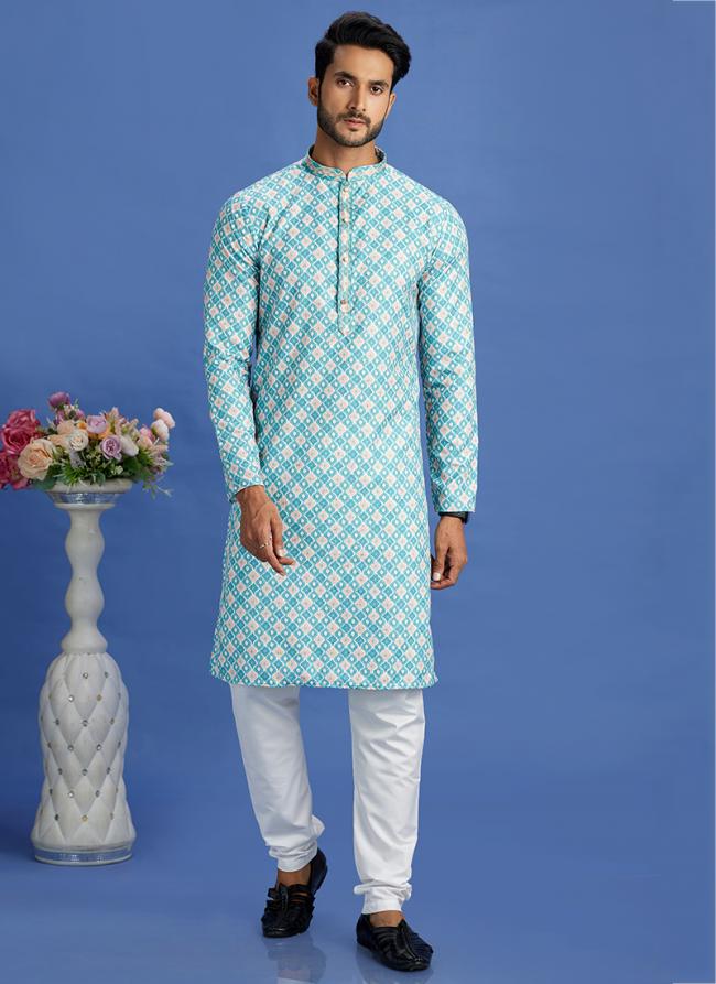 Cotton Teal Green Festival Wear Embroidery Work Kurta Pajama